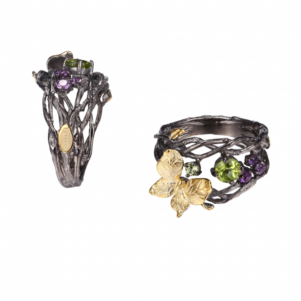 Ring med Sommerfugl - Peridot / Ametyst