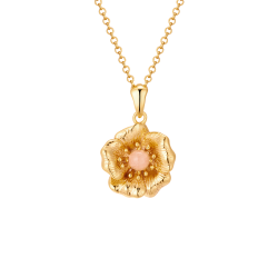 Vildrose halsk�de i 18k guldbelagt s�lv med rosakvarts cabochon i midten — 45 cm k�de