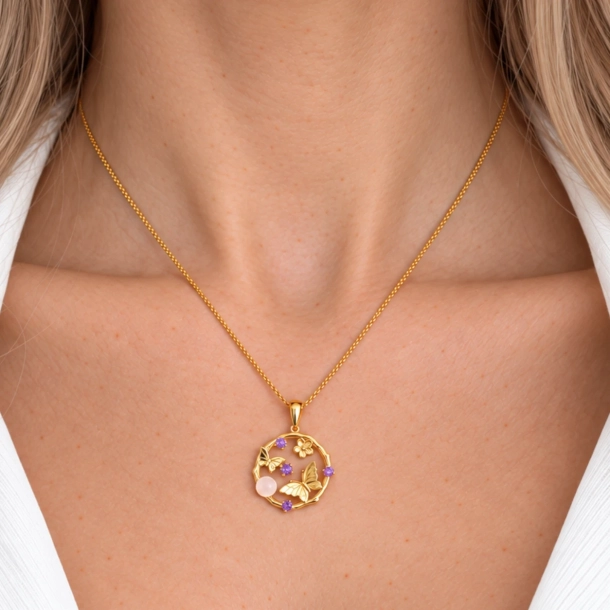 Butterflies Necklace With Rose quartz