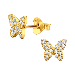 Sommerfugle �reringe i 18k guldbelagt s�lv med funklende hvide zirkoner i pav� – 7x7 mm